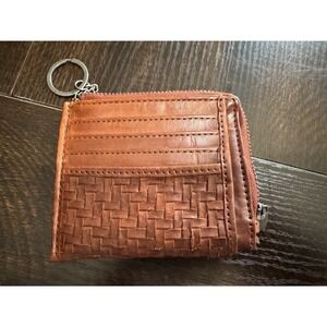 Vilenca Holland Brandy Brown Leather Woven Card Coin Key Wallet Keychain